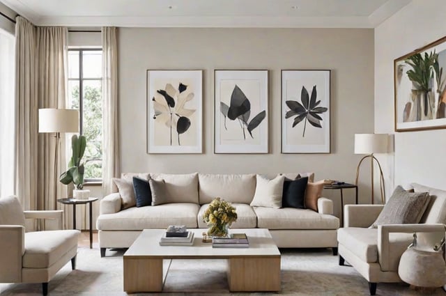 A living room with a white couch, a coffee table, and three framed pictures on the wall.