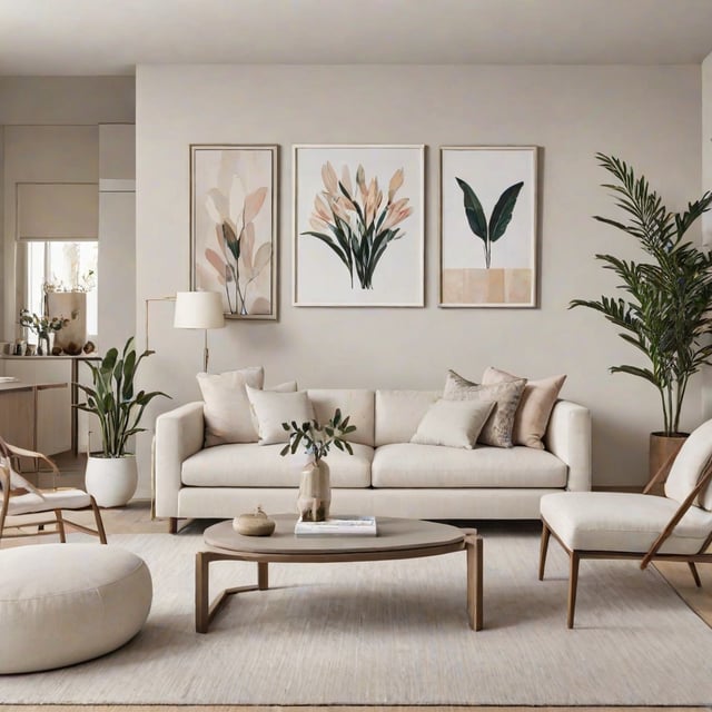 A living room with a white couch and a coffee table, surrounded by potted plants and artwork.