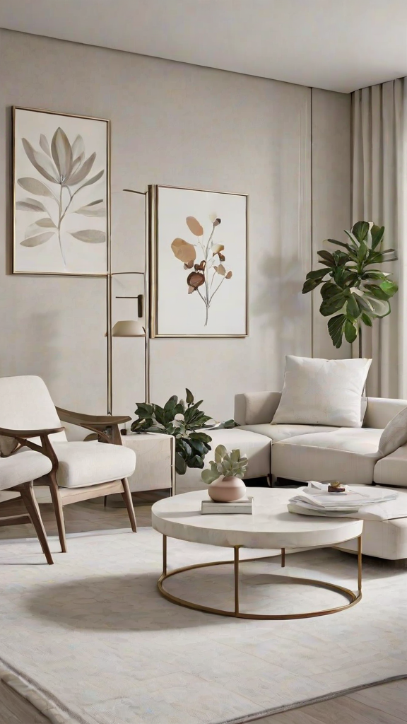 A contemporary living room with a white couch, chairs, and potted plants.