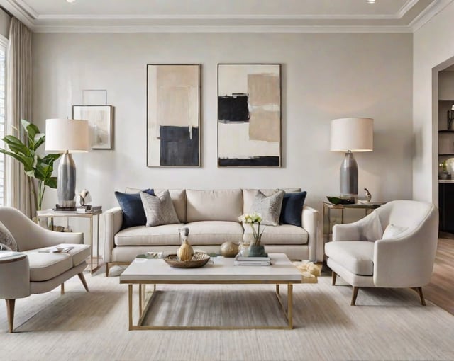 A contemporary living room with a white couch, two chairs, and a coffee table. The room is decorated with modern artwork and decorative items, creating a stylish and inviting atmosphere.