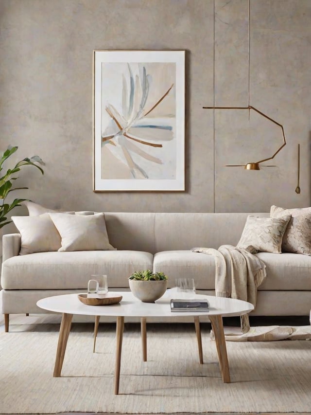 A contemporary living room with a white couch and a painting on the wall.