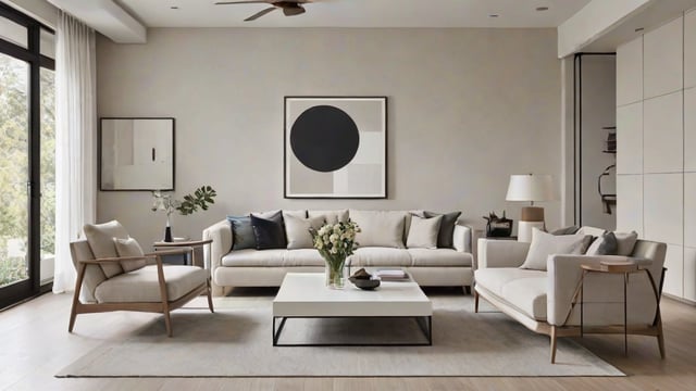 A living room with a white couch, a coffee table with a vase of flowers, a large black and white painting, and a ceiling fan.