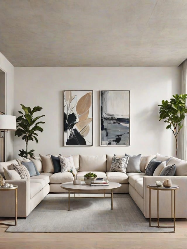 A living room with a white couch, two paintings, and a table with a vase and books on it.