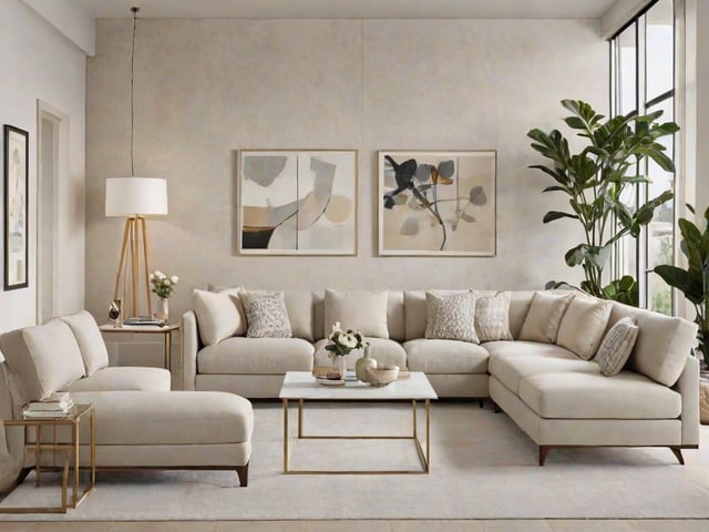 A contemporary living room with a white couch, coffee table, paintings, and a potted plant.