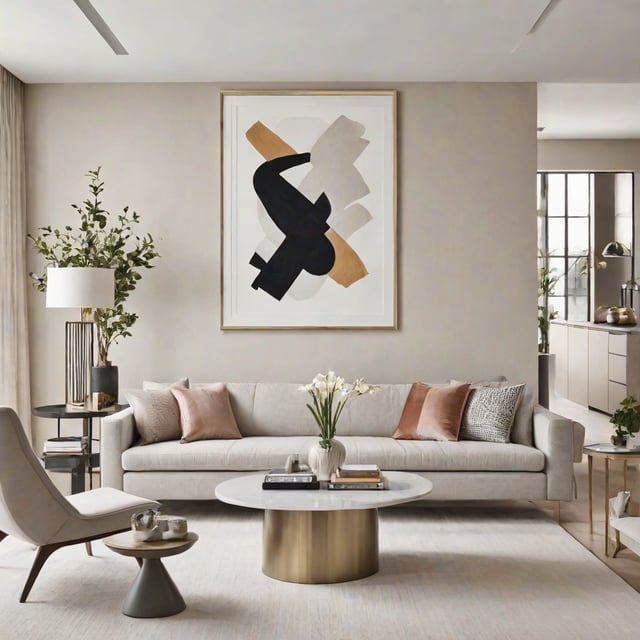 A contemporary living room with a large painting on the wall, a couch, a chair, and a coffee table. The room is decorated with potted plants and vases, creating a cozy and inviting atmosphere.