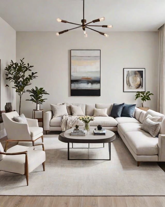 A contemporary living room with white furniture and a large painting.