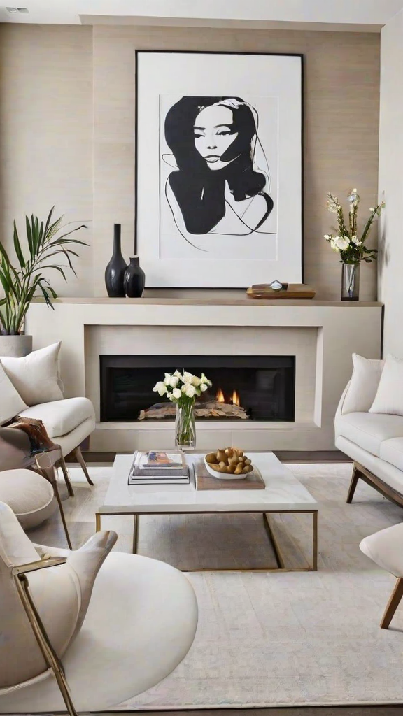 A contemporary living room with a fireplace, white furniture, and a painting on the wall.