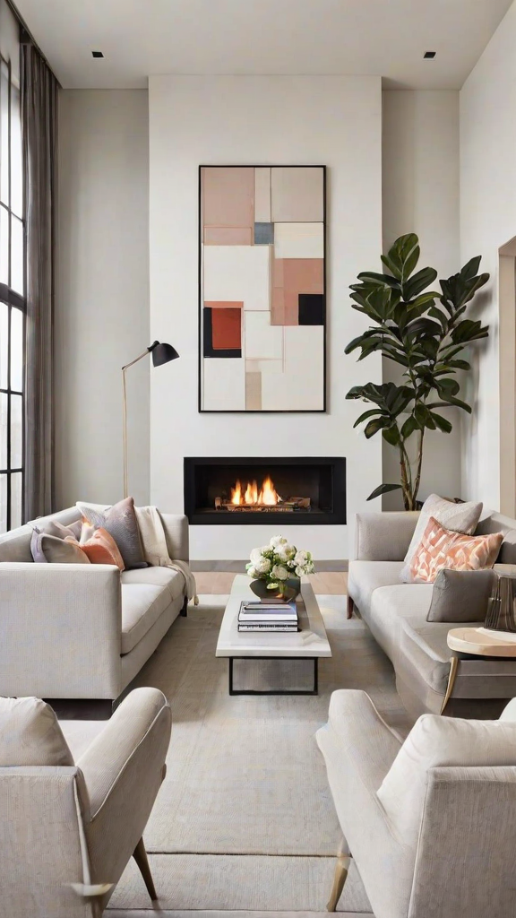 Contemporary living room with a fireplace and painting on the wall