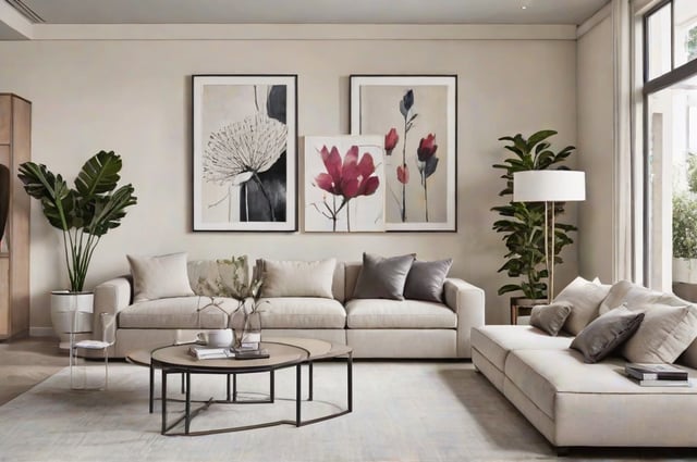 A contemporary living room with a large couch, coffee table, and three pictures on the wall. The room is decorated with plants and features a modern design style.