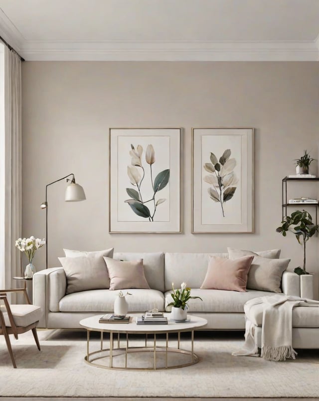 A contemporary living room with a white couch, two paintings on the wall, and a vase of flowers.