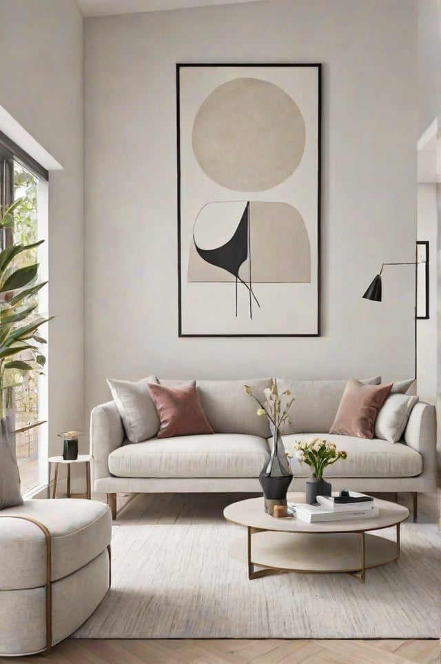 A contemporary living room with a large couch, a coffee table, and a painting on the wall. The room is decorated with a few vases and potted plants, and there are books on the table. The couch is white and has a few pillows on it. The painting is a large, abstract piece that adds a modern touch to the room.