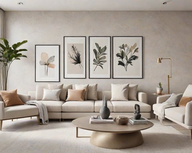 A contemporary living room with a large couch, round coffee table, and three pictures on the wall. The room is decorated with potted plants and vases, creating a cozy atmosphere.