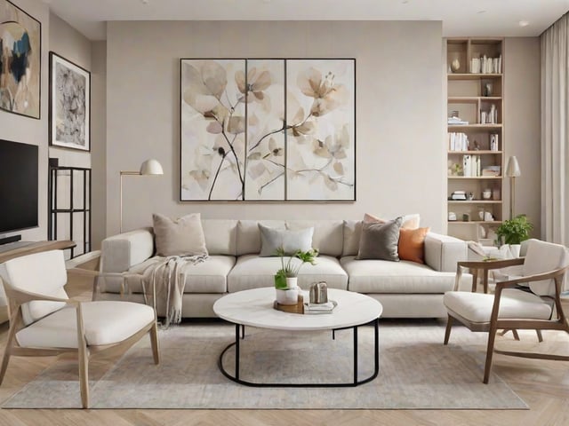 A contemporary living room with a large white couch, round coffee table, and painting on the wall. The room is decorated with potted plants and books.