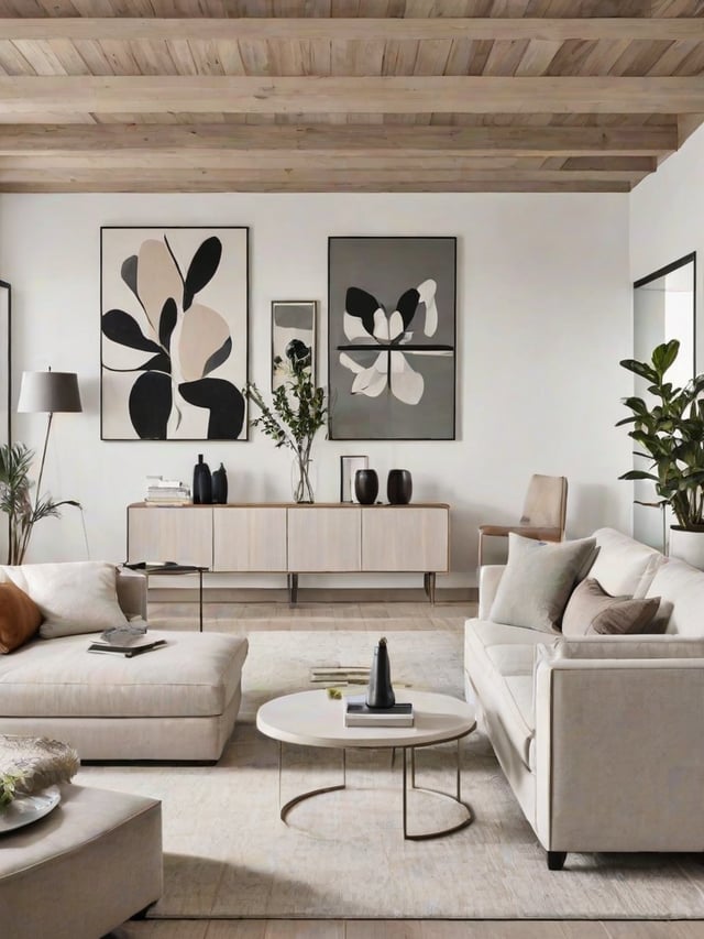 A living room with a white couch, coffee table, and pictures on the wall. The room is decorated with potted plants and vases.