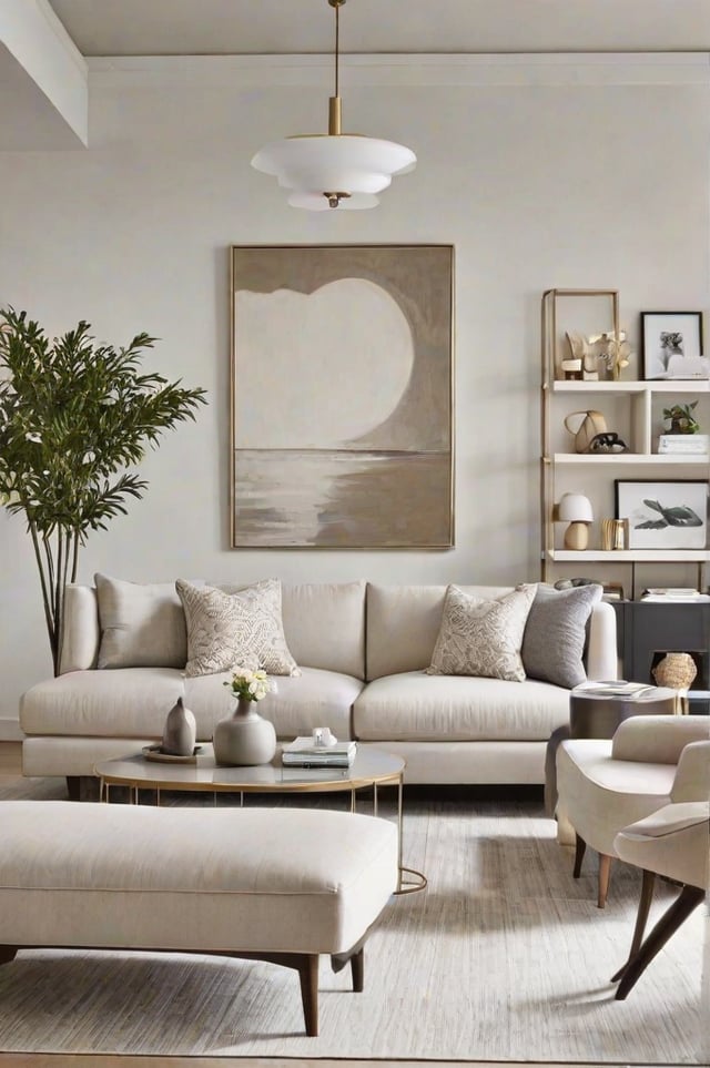 A contemporary living room with a large couch, coffee table, and painting on the wall.