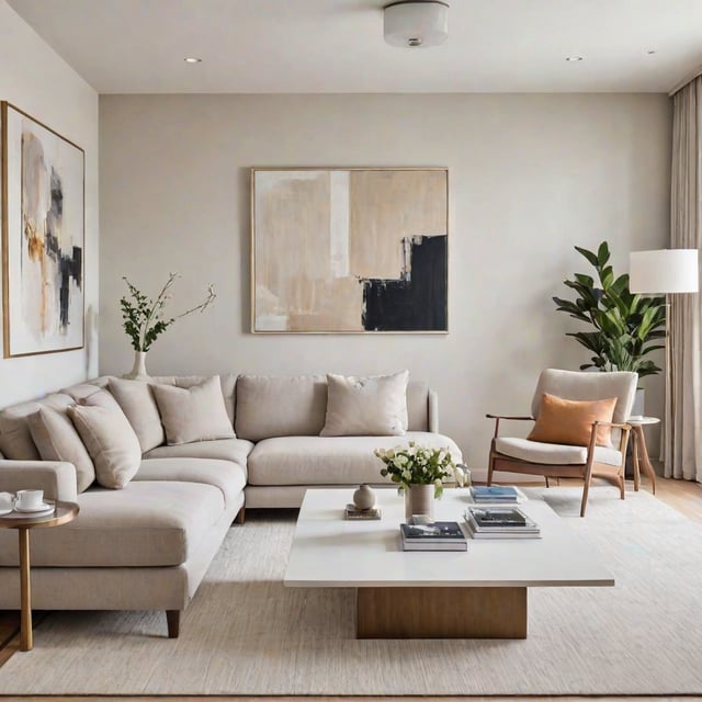 A contemporary living room with a large white couch, a coffee table, and a few decorative elements. The room is well-lit and features a large window that allows natural light to flood the space.