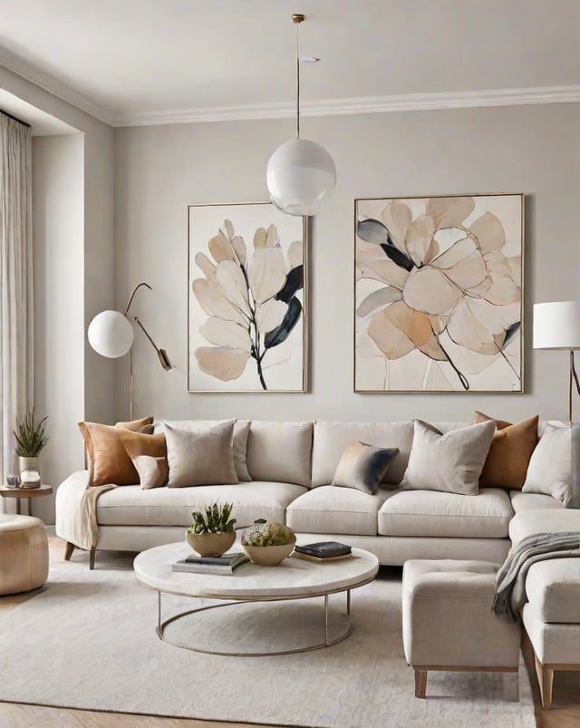 A contemporary living room with a large white couch, two paintings on the wall, and a round coffee table. The room is decorated with potted plants, vases, and books, creating a cozy and inviting atmosphere.