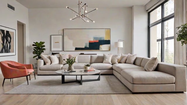 A contemporary living room with a large couch, a coffee table, and a painting on the wall. The room is decorated with white furniture and features a hardwood floor.