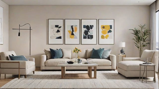 A living room with a white couch, a coffee table, and three pictures on the wall. The room is decorated with a rug and a vase of flowers on the table.