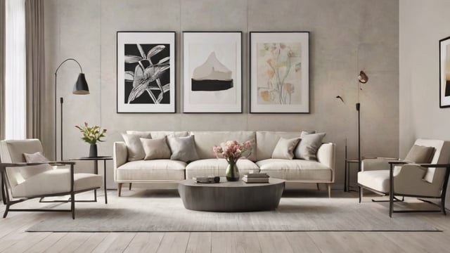 A contemporary living room with a couch, coffee table, and pictures on the wall.