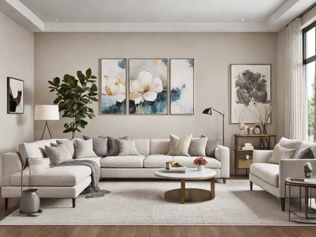 A contemporary living room with a large white couch, pillows, and a coffee table. The room is decorated with three paintings and a potted plant.