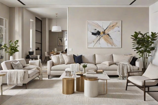 A contemporary living room with a large white couch, a coffee table, and a painting on the wall.