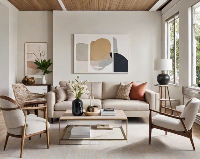 A contemporary living room with a large couch, coffee table, and chairs. A painting on the wall and a vase of flowers on the table.