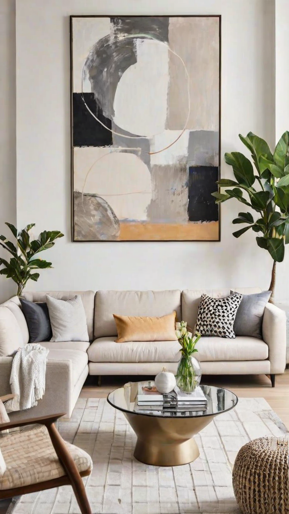 A living room with a contemporary design and a painting on the wall. The room is decorated with potted plants and vases.