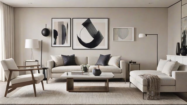 A contemporary living room with a white couch, coffee table, and artwork on the wall. The room is decorated with a rug and a vase with flowers. The couch is accompanied by a bench and a chair, creating a cozy and inviting atmosphere.