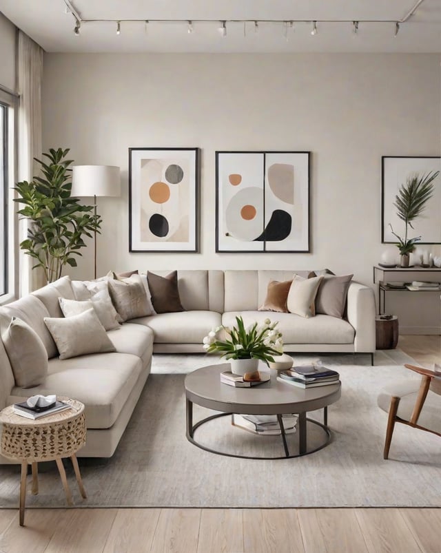 A contemporary living room with a white couch, coffee table, and artwork on the wall. The room is decorated with potted plants and vases, creating a cozy and inviting atmosphere.