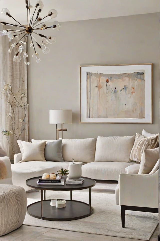 A contemporary living room with a white couch, a coffee table, and a painting on the wall. The room is decorated with white pillows and a vase with flowers. The couch is positioned in front of a window, allowing natural light to illuminate the space.