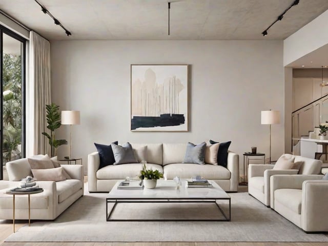 A living room with a white couch, a large painting on the wall, and a coffee table with books and a vase of flowers. The room is clean and well-organized, with a neutral color scheme that creates a comfortable and inviting atmosphere.