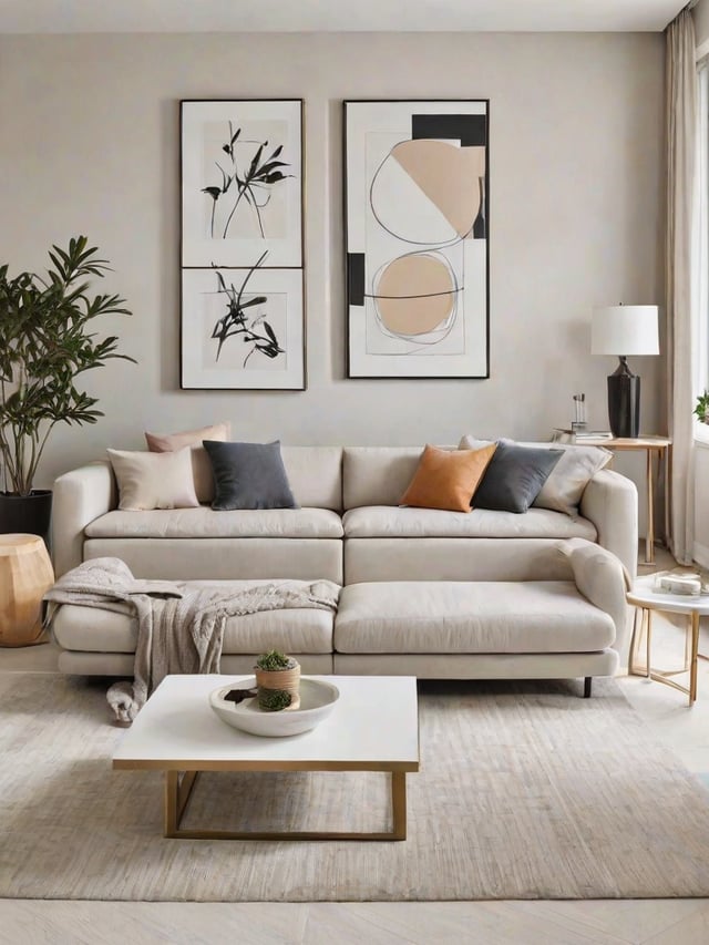 A contemporary living room with a white couch, coffee table, art pieces, and potted plants.