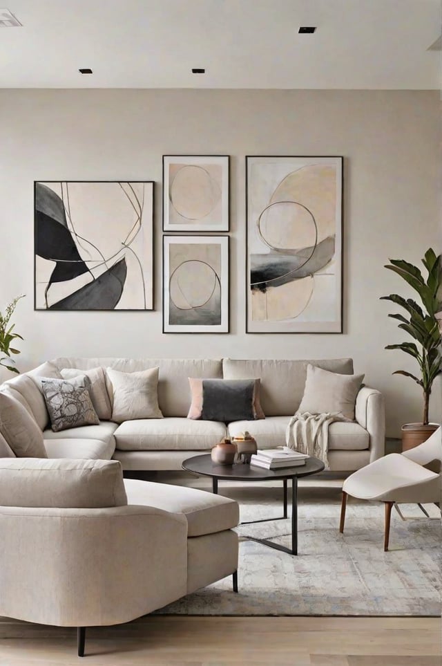 A contemporary living room with a couch, table, and pictures on the wall.