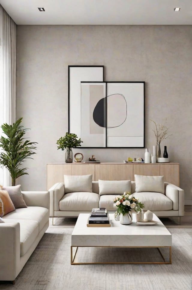 A contemporary living room with a white couch, a coffee table, and a painting on the wall. The room is decorated with potted plants and vases, creating a cozy and inviting atmosphere.