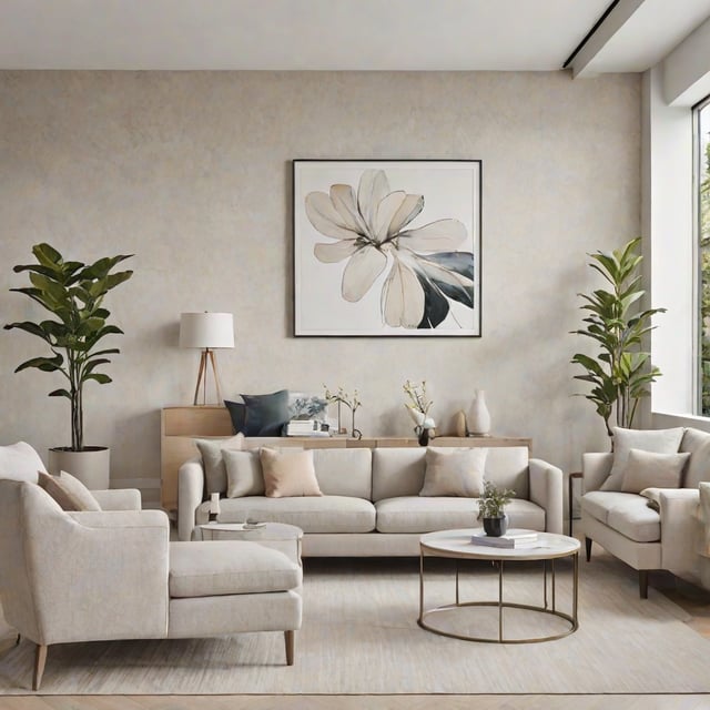 A living room with a couch, coffee table, and two potted plants. The room is decorated with a painting and a vase of flowers.