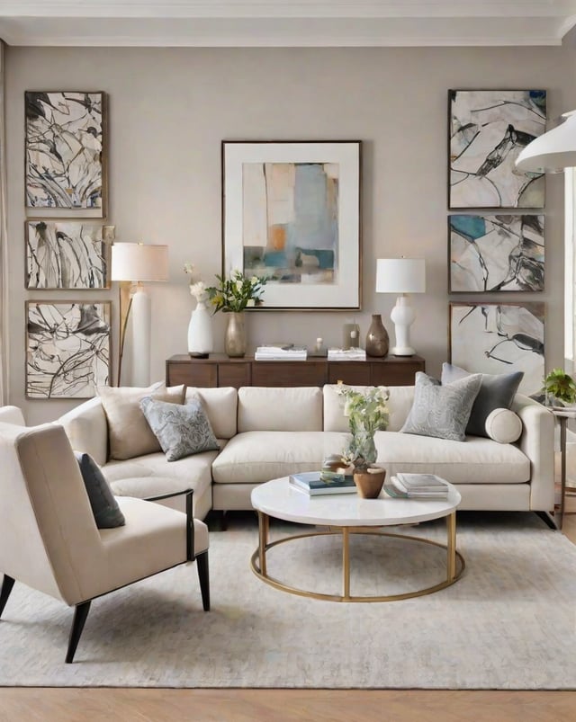 A contemporary living room with a white couch, chair, and coffee table. The room is decorated with art pieces and vases, creating a cozy and inviting atmosphere.