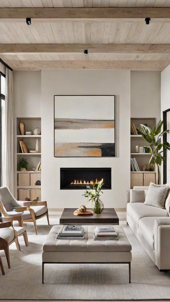 A contemporary living room with a fireplace and a painting on the wall.