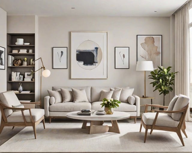 A contemporary living room with a white couch, coffee table, and potted plant. The room is decorated with artwork and features a large window.