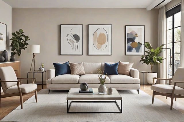 A living room with a white couch, a coffee table, and three pictures on the wall. The couch has blue pillows and a vase with flowers on the coffee table.