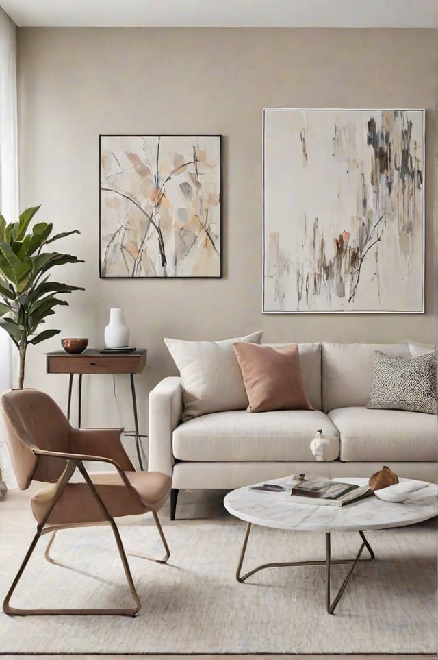 A living room with a white couch, a chair, a table, and two paintings on the wall. The room is decorated with a potted plant and a vase.