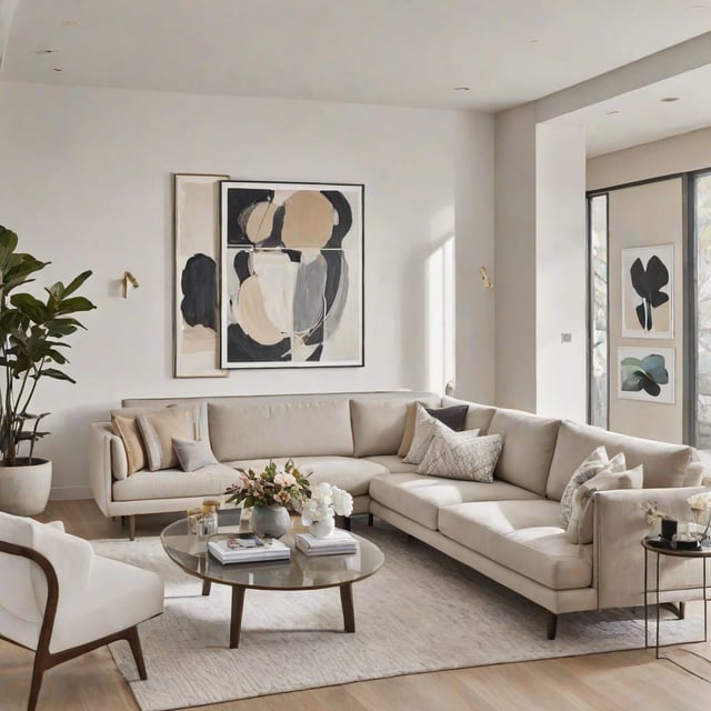 A contemporary living room with a large window, white couch, painting, potted plant, and a vase of flowers on a glass coffee table.