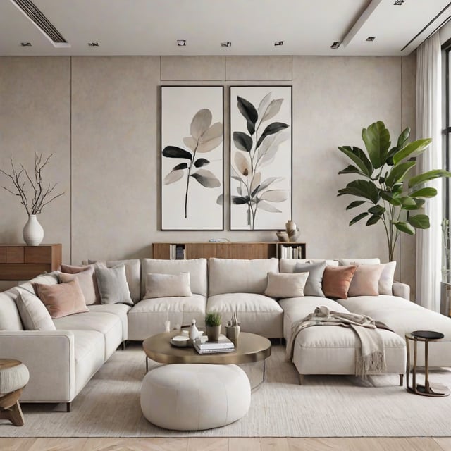 A large white couch with pillows and a coffee table in a contemporary living room.