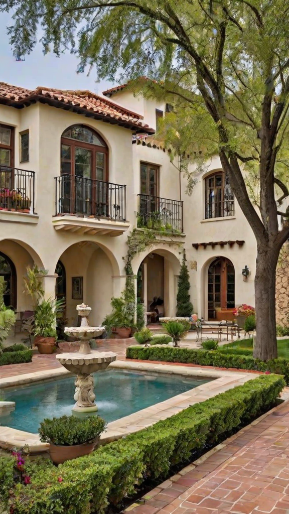 A Spanish style house with a fountain in the courtyard. The house has a large patio with a swimming pool and a gazebo.