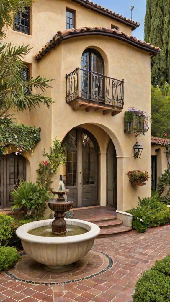 A Spanish style house with a fountain in the front yard. The house has a balcony on the second floor and a doorway with a large arch. The front yard is adorned with a variety of potted plants and flowers.