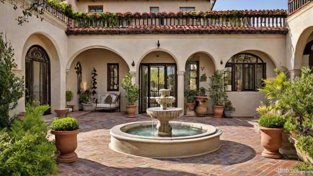 A Spanish style house with a red tile roof and a brick patio. The courtyard features a water fountain surrounded by potted plants.