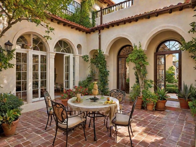 Outdoor dining area with a table, chairs, and potted plants