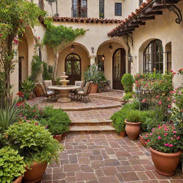 Spanish style house with a courtyard and a fountain, surrounded by potted plants and flowers.