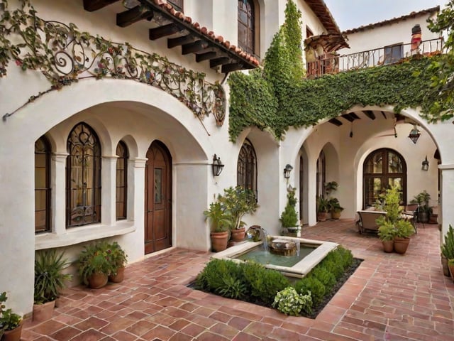 A house with a Spanish style design and a fountain in the front yard.