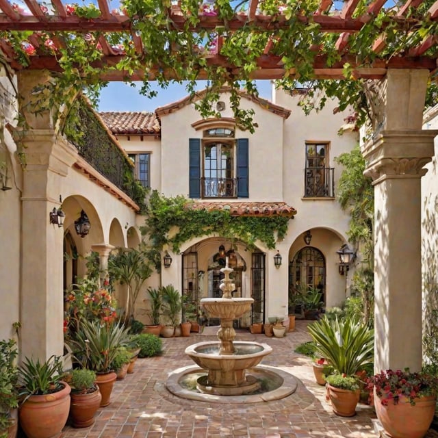 A Spanish style house with a fountain in the middle of a courtyard, surrounded by potted plants and flowers.